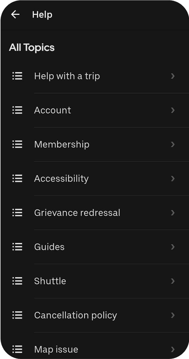 Taxi App Customer Support Screen